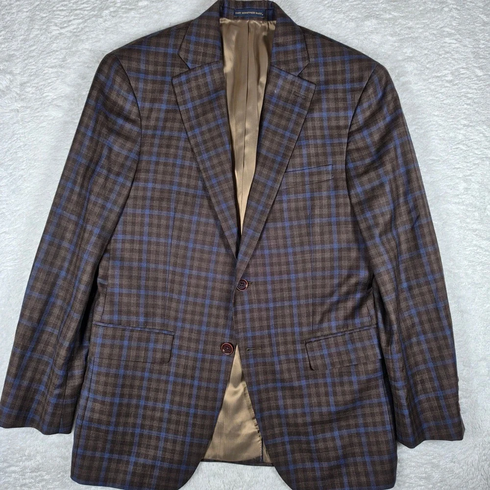 Hart Schaffner Marx Sport Coat Mens 38S Brown Blue Wool Plaid L/S Button up